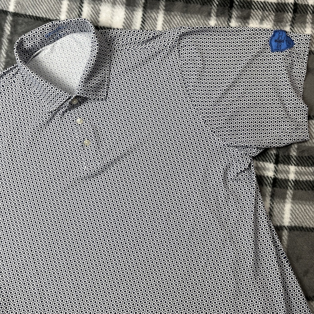 B Draddy Sport Golf Polo Shirt Mens XL Blue White Geometric SSCC Patch